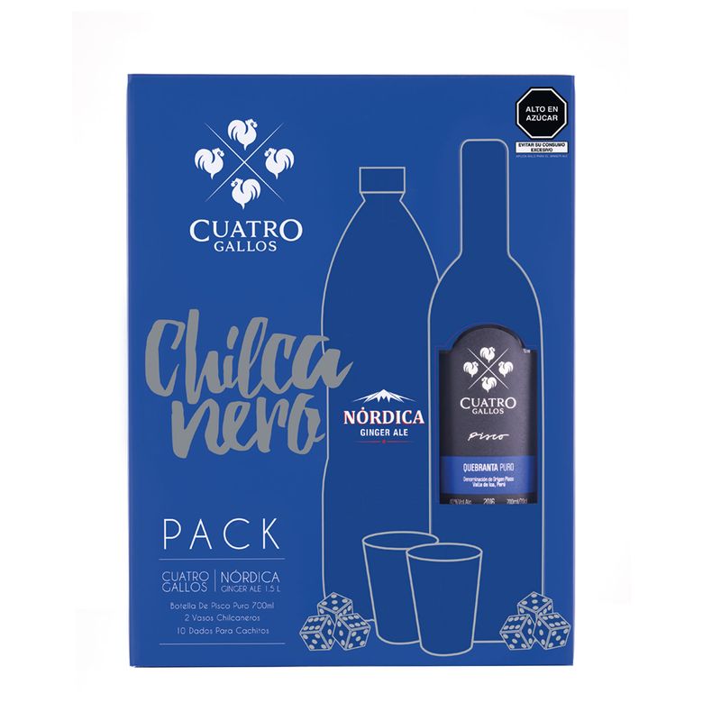 SOLGAR - Pack Chilcanero Pisco Cuatro Gallos 750 mL + Ginger Ale 1.5 L + 2 Vasos + 10 Dados