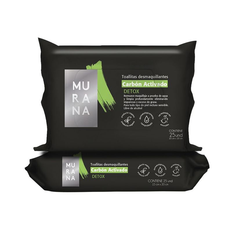 MURANA - Toallitas Desmaquillantes Murana Carbón Activado Detox Empaque 25 Und