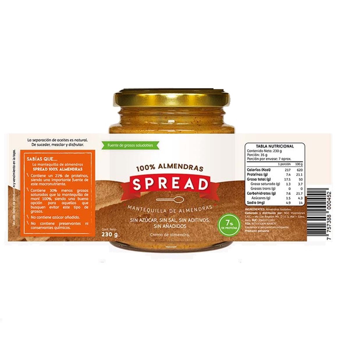SPREAD - Mantequilla 100% Almendras Spread Envase 230 g