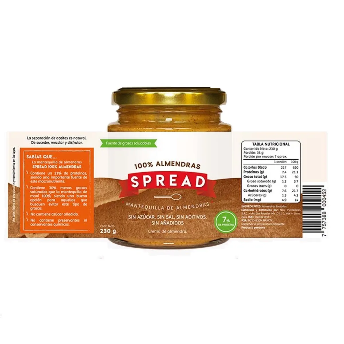 SPREAD - Mantequilla 100% Almendras Spread Envase 230 g