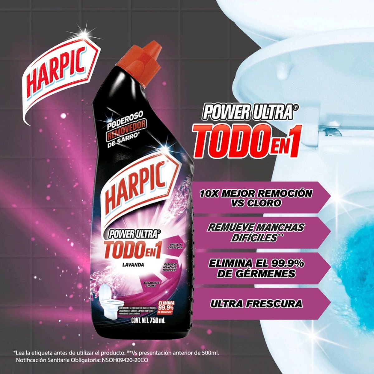 HARPIC - Limpiador de Inodoro Harpic Power Ultra Lavanda Envase 750 mL