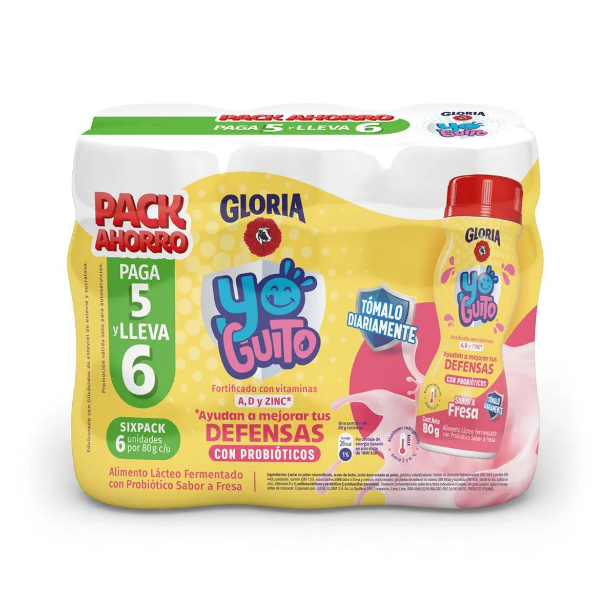 GLORIA - Yogurt Gloria Yoguito Fresa Sixpack Botella 80 g