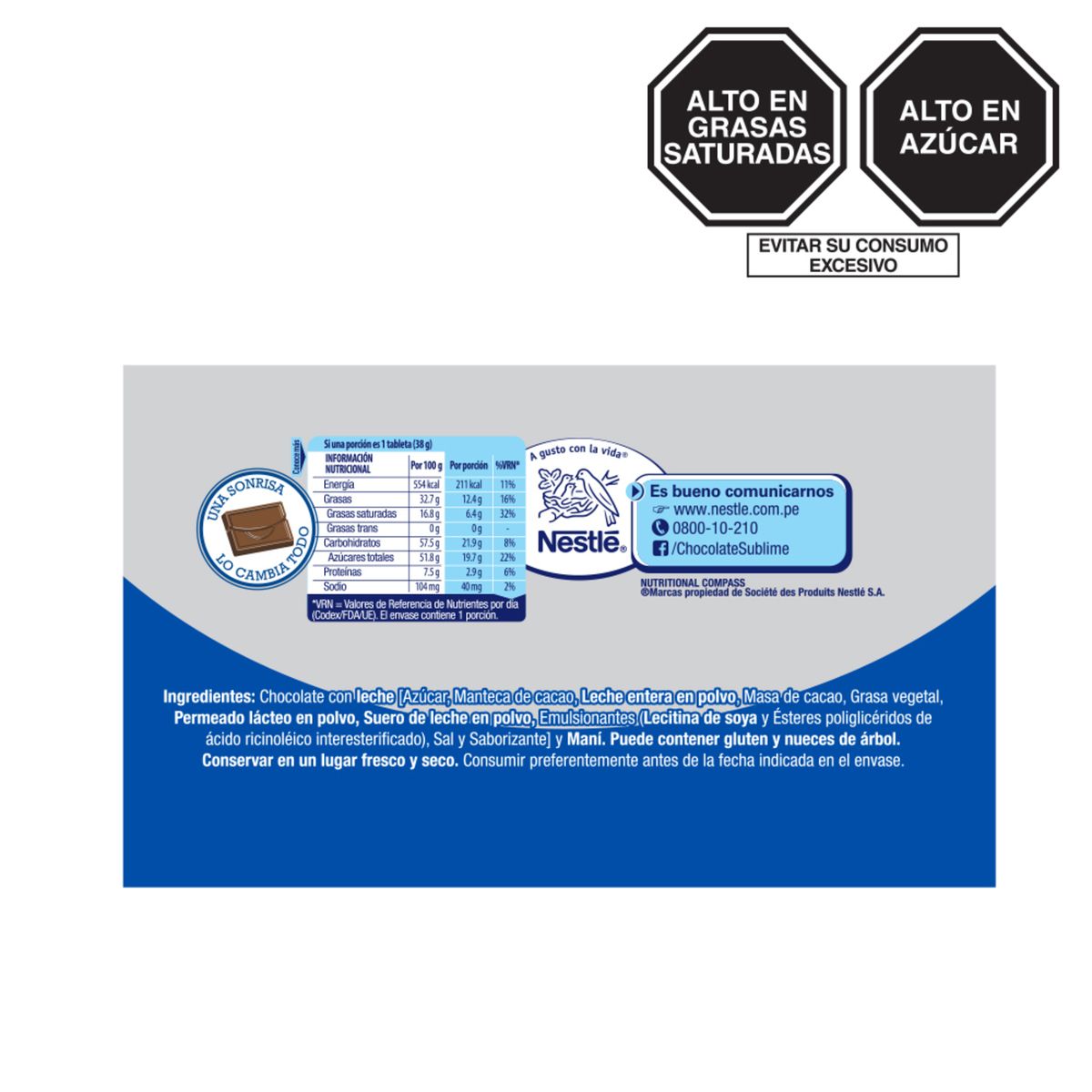 SUBLIME - Chocolate Sublime Sonrisa con Leche y Maní Empaque 38 g