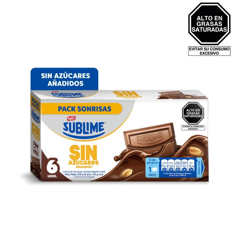 SUBLIME - Chocolate Sublime Sonrisa con Leche Maní Sin Azúcar 228g