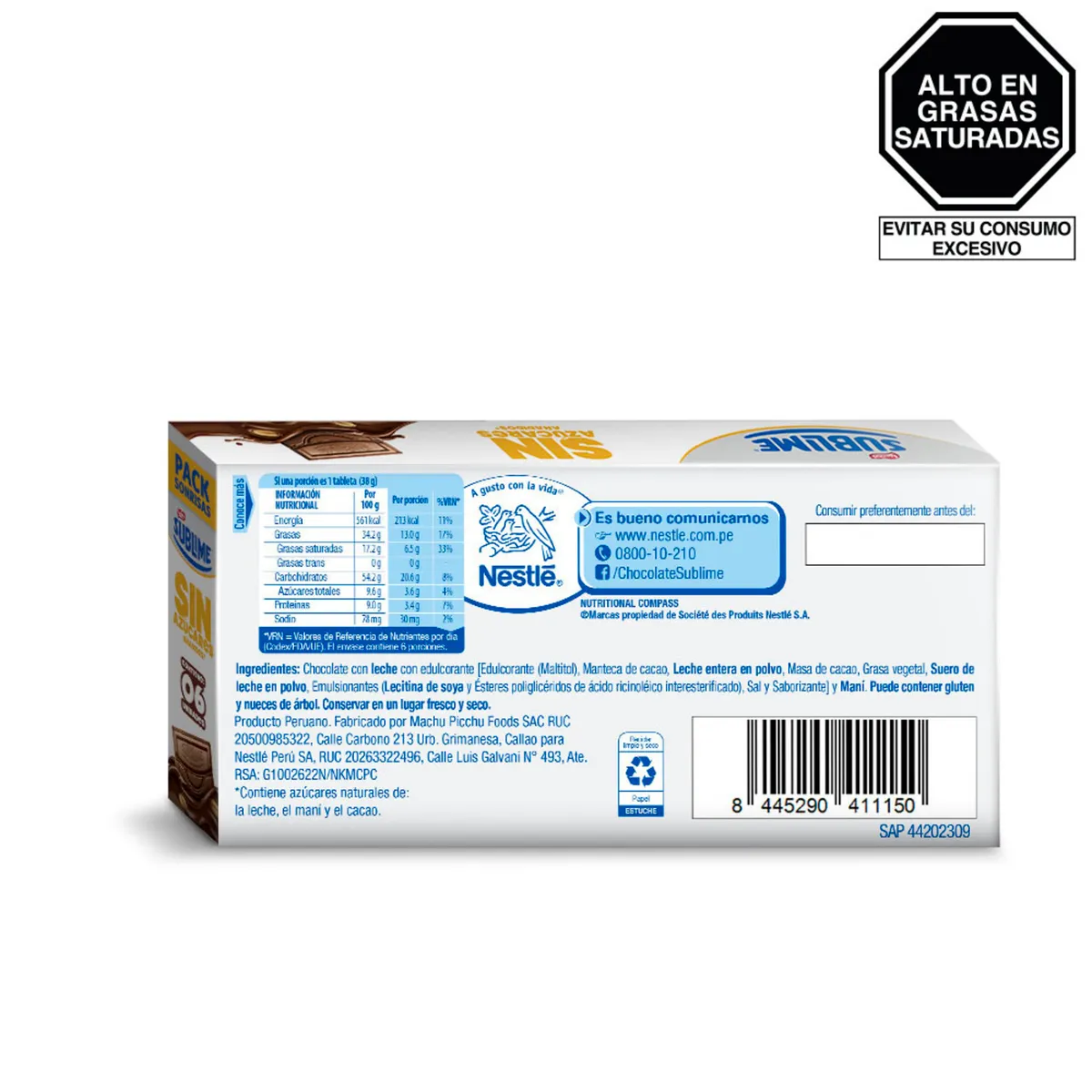 SUBLIME - Chocolate Sublime Sin Azúcar Sixpack 228 g