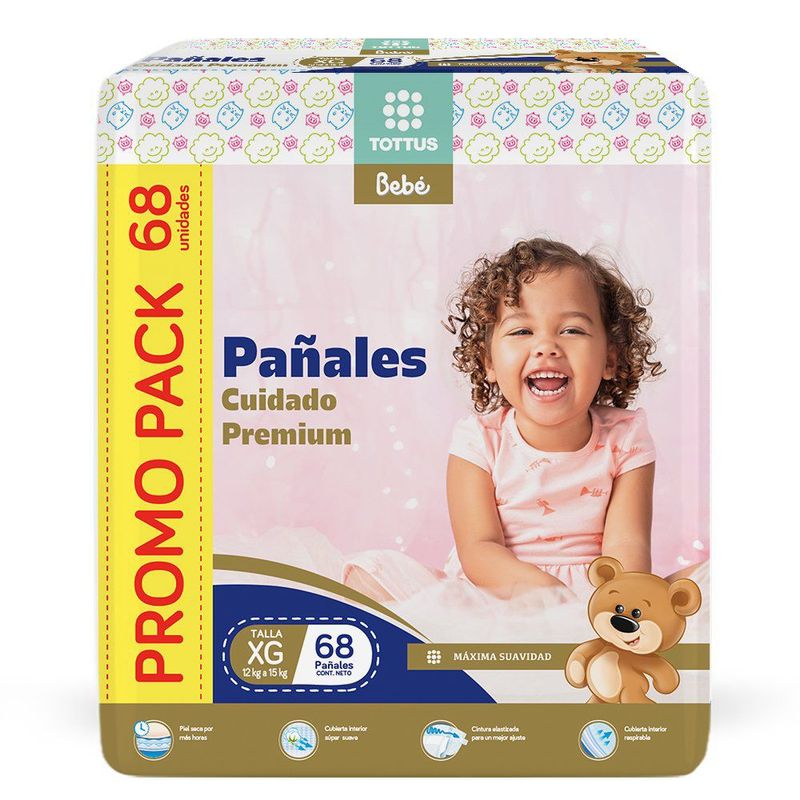 TOTTUS BEBE - Pañal Tottus Bebe Cuidado Premium Talla XG Empaque 68 Und