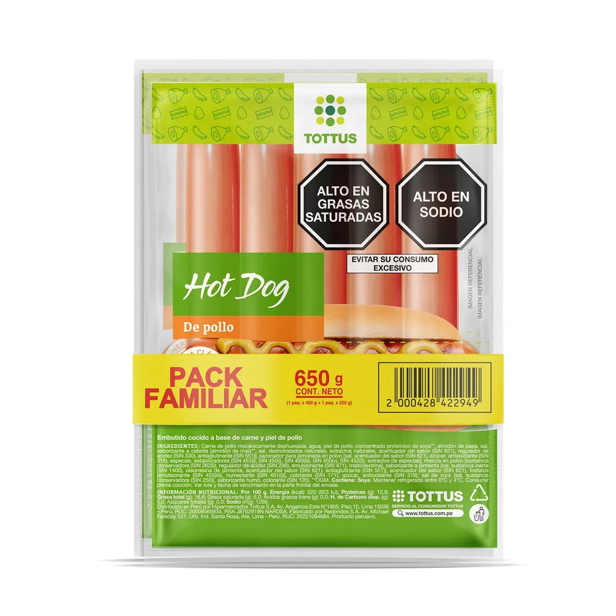 TOTTUS - Pack Hot Dog de Pollo Tottus Empaque 650 g