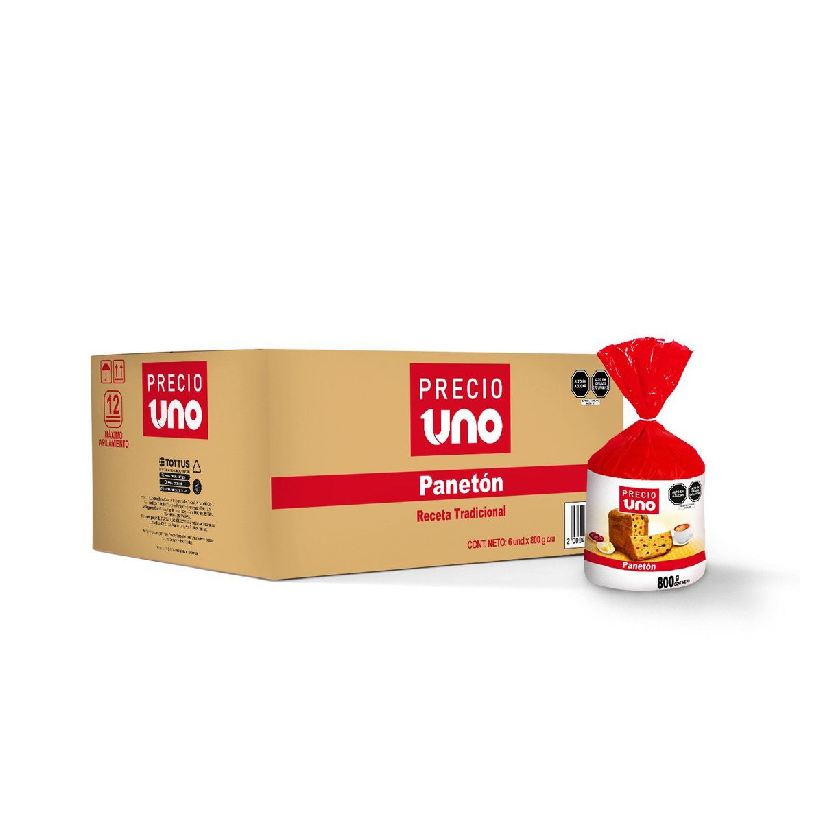 PRECIO UNO - Caja de Panetón Precio Uno en Bolsa 800 g 6 Unidades