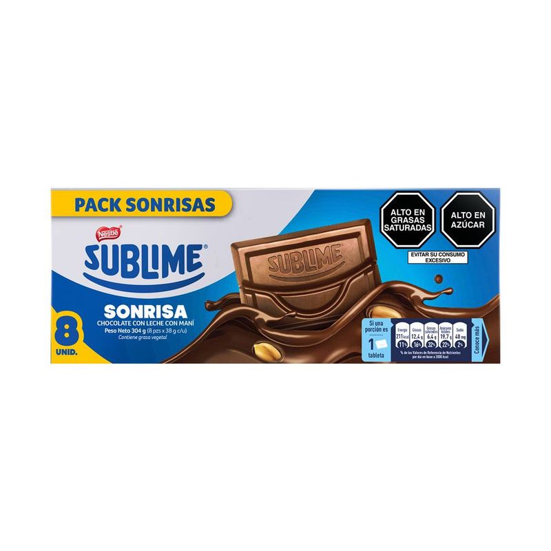 SUBLIME - Chocolate Sublime Sonrisa C/Leche Maní Caja 38 gr x 8 Unidades