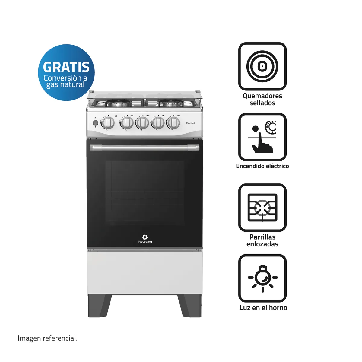 INDURAMA - Cocina a Gas Indurama MATISSE 20 Pulgadas 4 Hornillas con Encendido Eléctrico