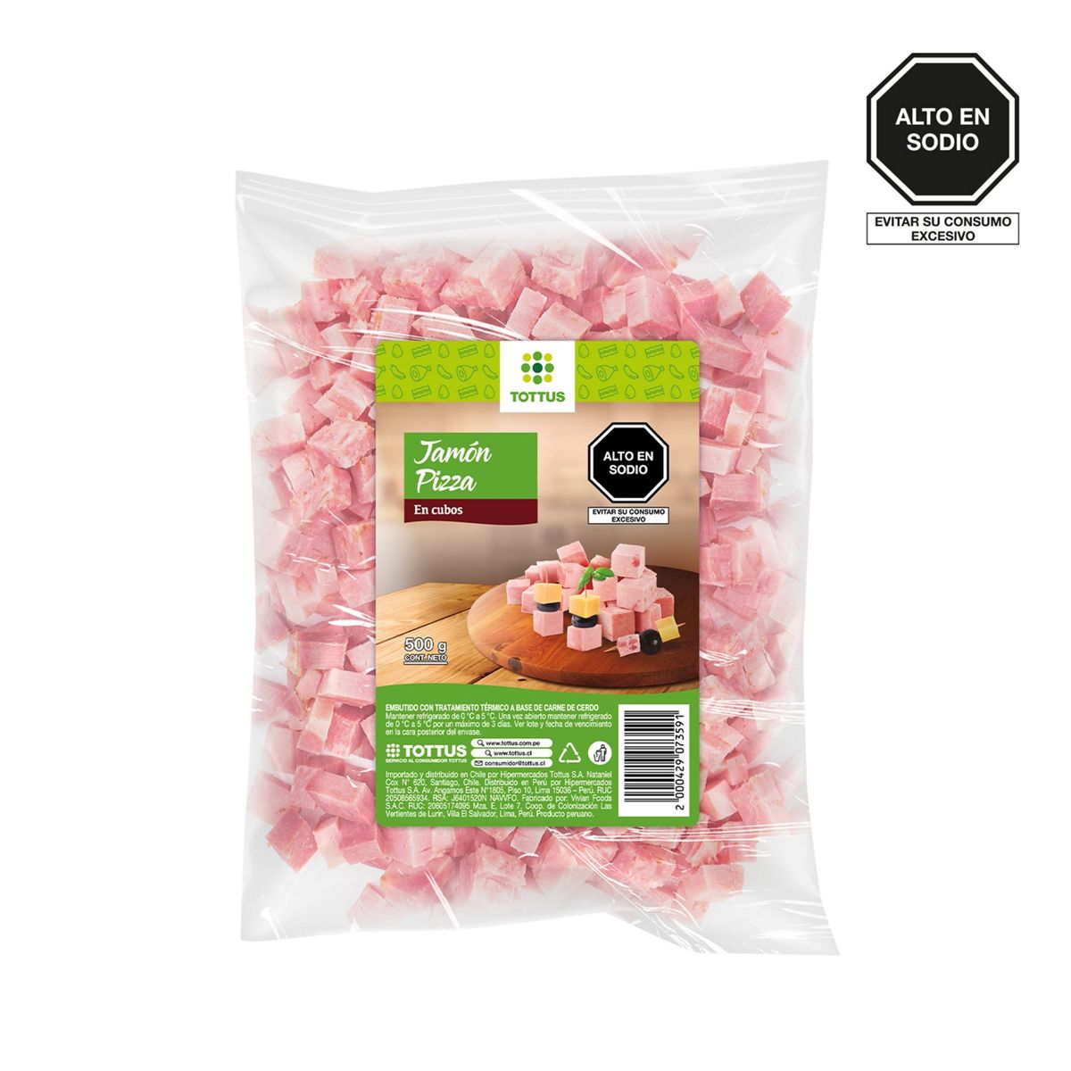 TOTTUS - Jamón en Cubos Pizza Tottus Empaque 500 g
