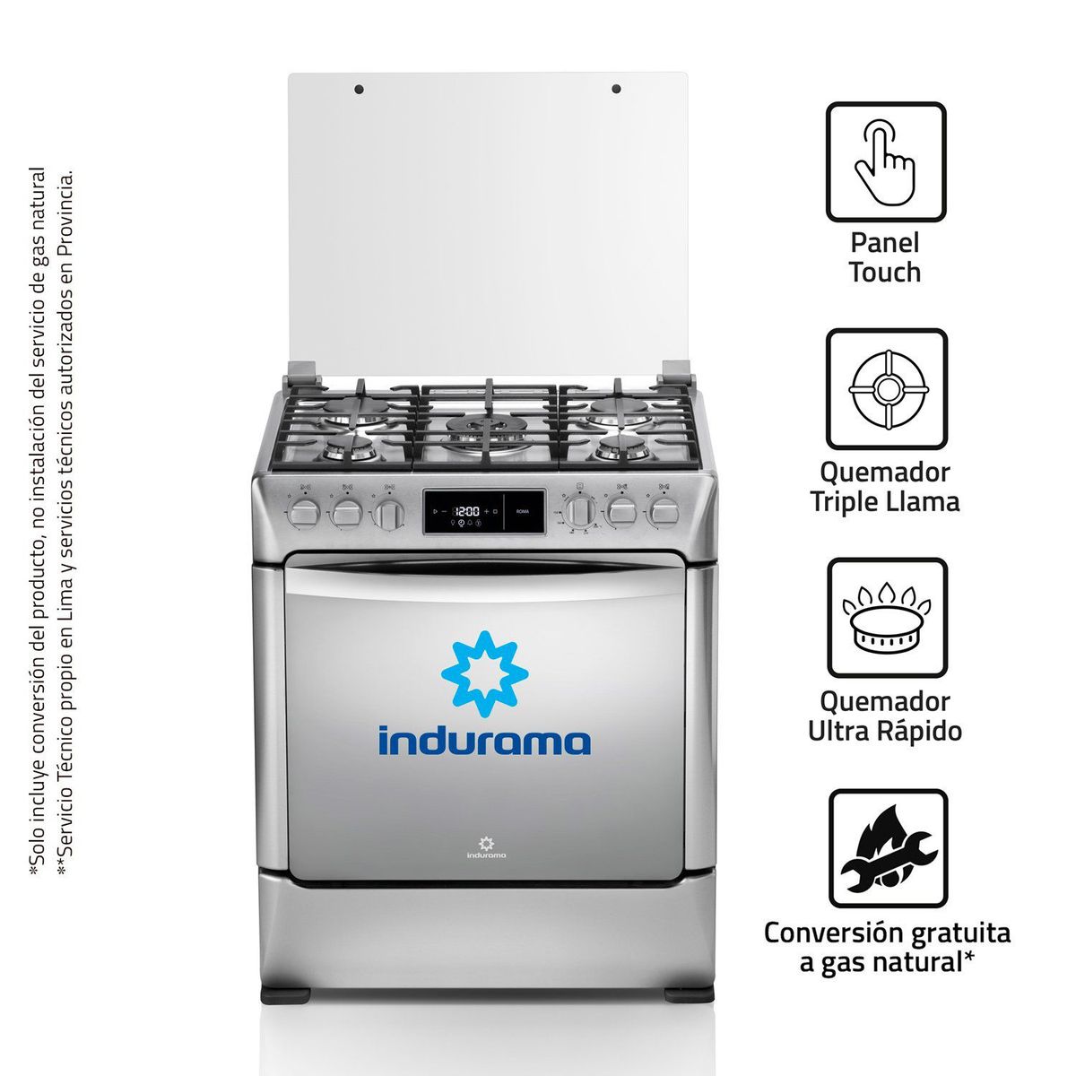 INDURAMA - Cocina 30 Pulgadas 5 Hornillas Triple Llama Roma Croma