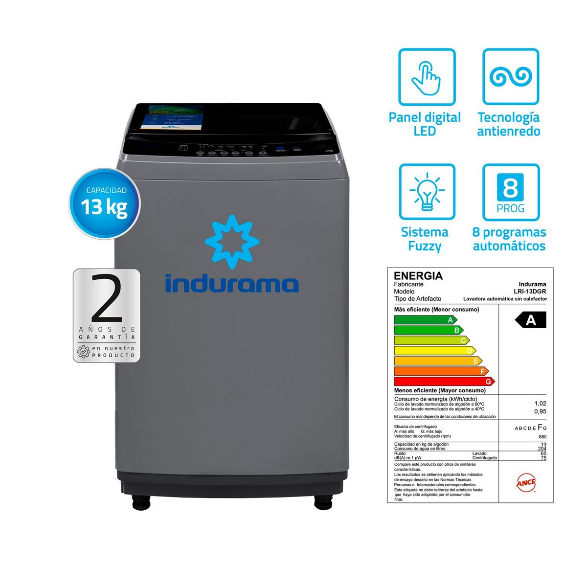 INDURAMA - Lavadora 13 Kg Carga Superior LRI-13DGR Gris Oscuro