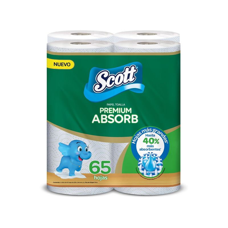 SCOTT - Papel Toalla Scott Premium Absorbente Pack 4 Rollos 65 Hojas