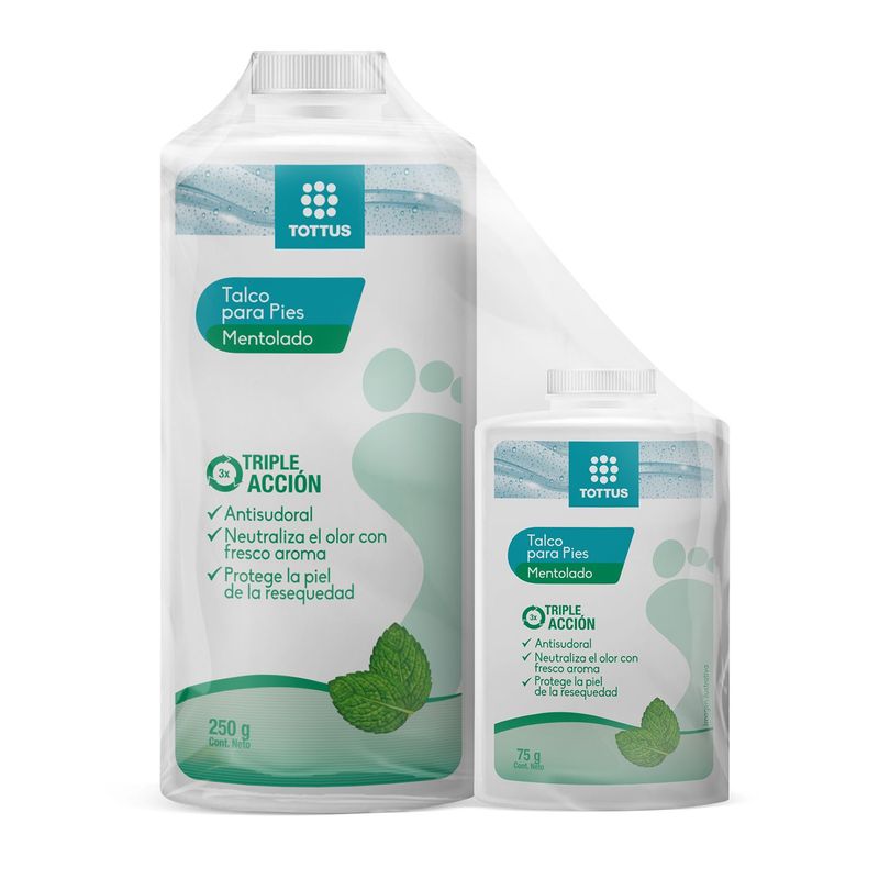 TOTTUS - Talco Para Pies Tottus Triple Acción Mentolado Pack 2 Envase 250 g + 75 g