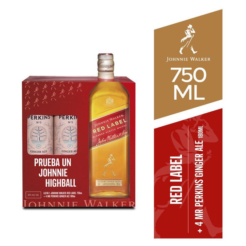JOHNNIE WALKER - Whisky Johnnie Walker Red 750 mL + Ginger Ale Mr Perkins 4 Latas