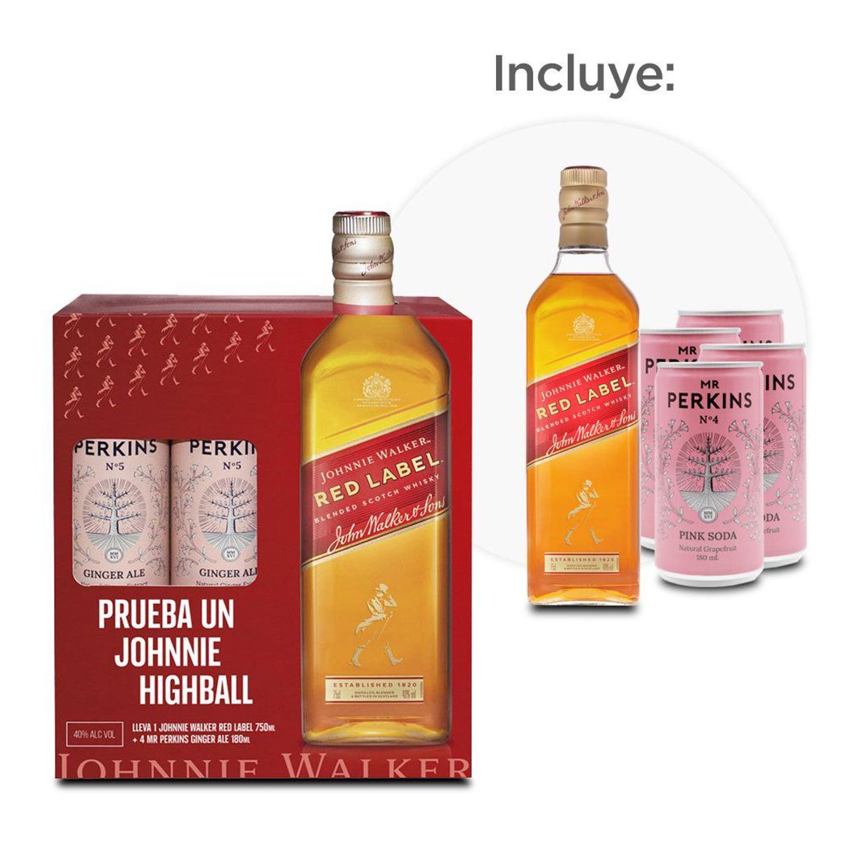 JOHNNIE WALKER - Whisky Johnnie Walker Red 750 mL + Ginger Ale Mr Perkins 4 Latas