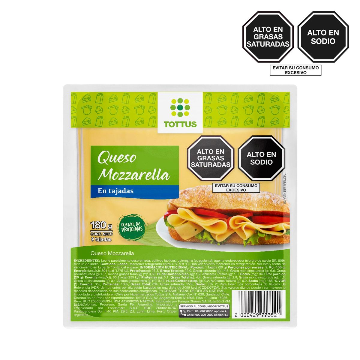 TOTTUS - Queso Mozzarella en Tajadas Tottus Empaque 180 g