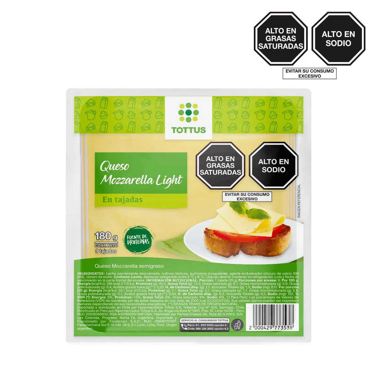 TOTTUS - Queso Mozzarella Light en Tajadas Tottus Empaque 180 g