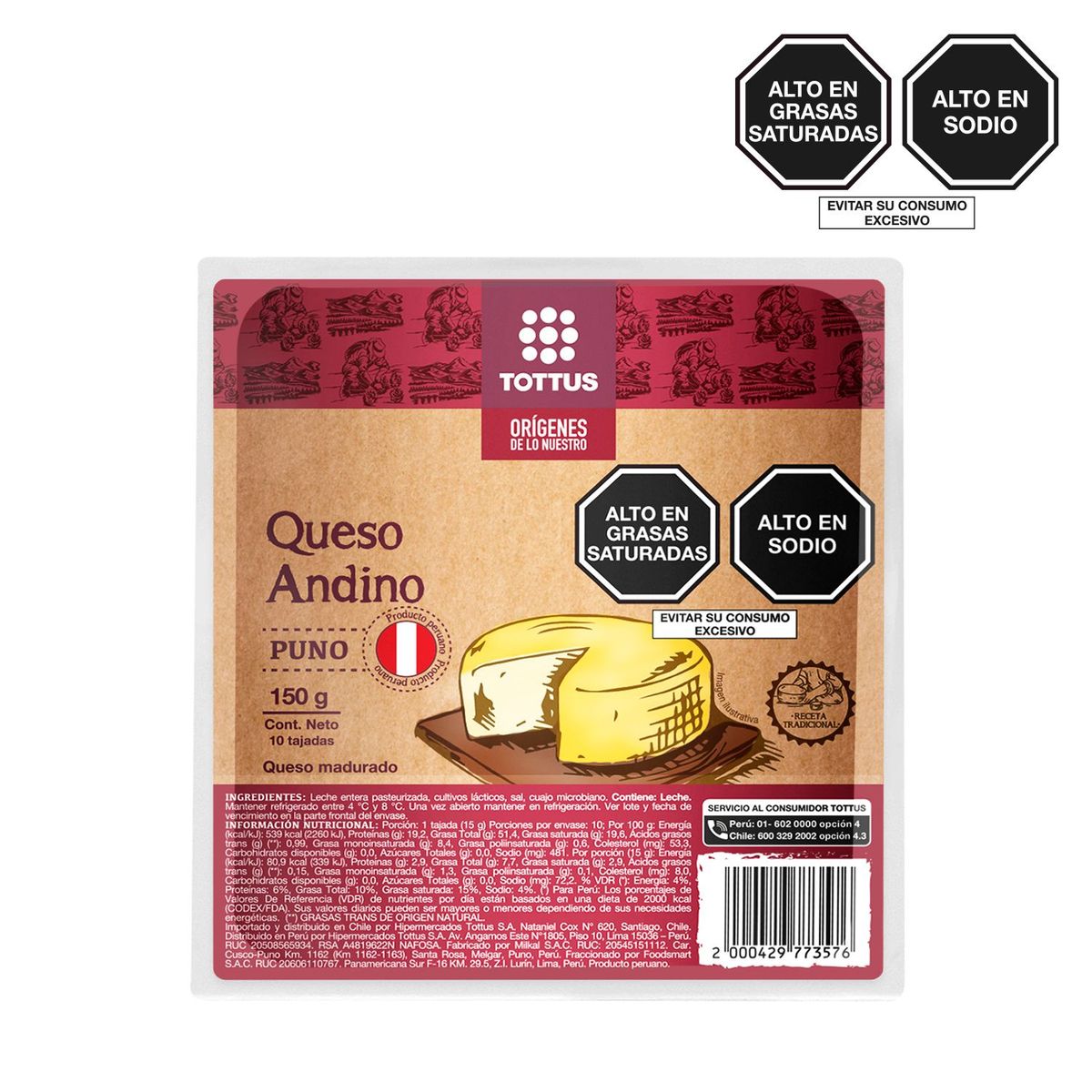 TOTTUS ORIGENES - Queso Andino Laminado Tottus Origenes Empaque 150 g