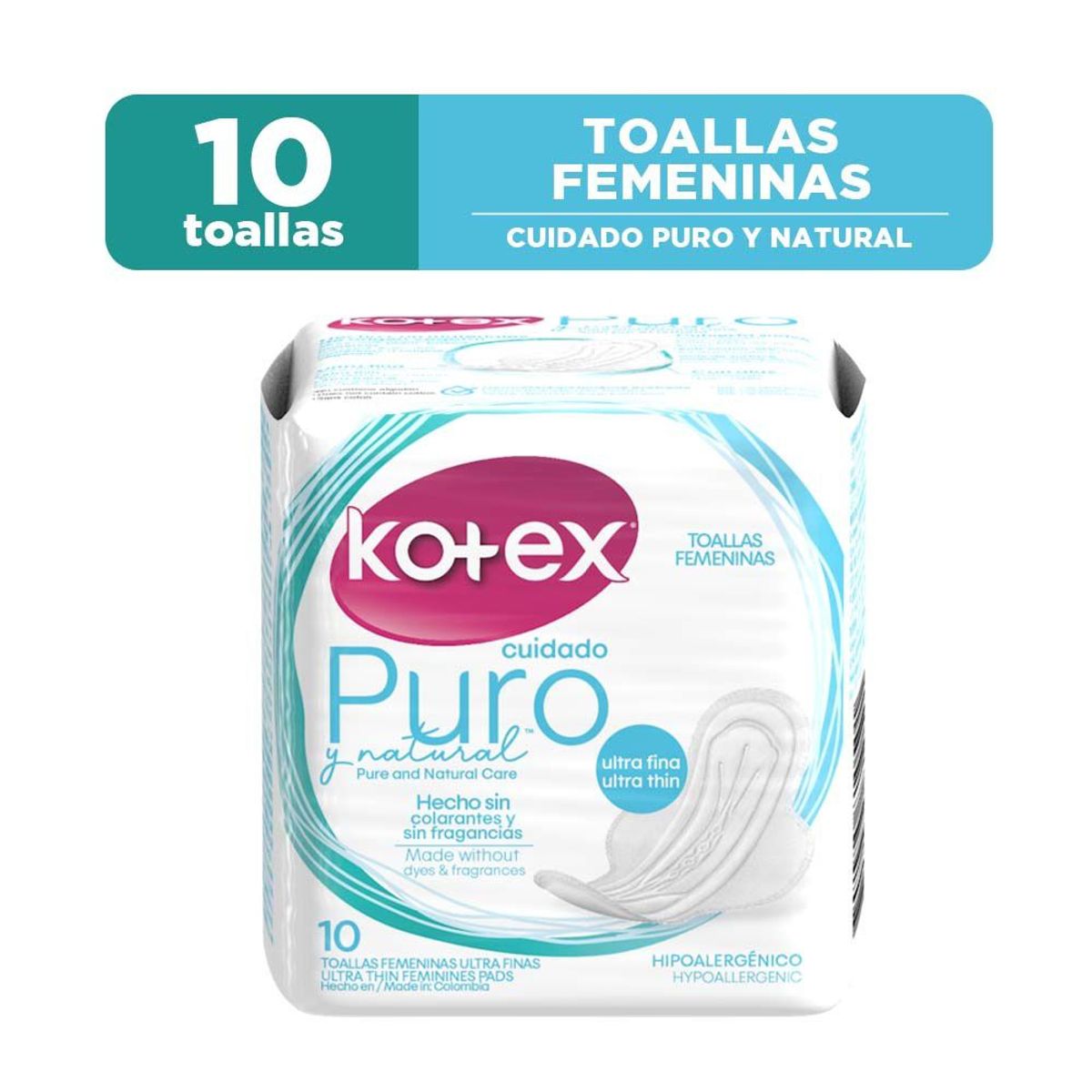 KOTEX - Toalla Higiénica Kotex Ultrafina Pure And Natural Care Empaque 10 Und