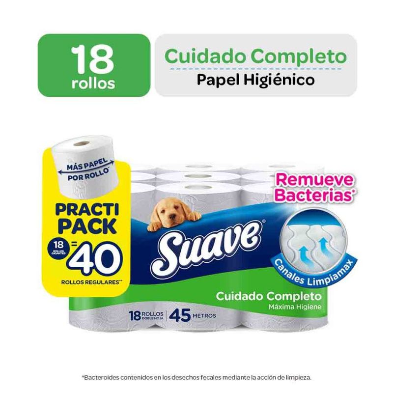 SUAVE - Papel Higiénico Suave Cuidado Completo 45m Empaque 18 Rollos
