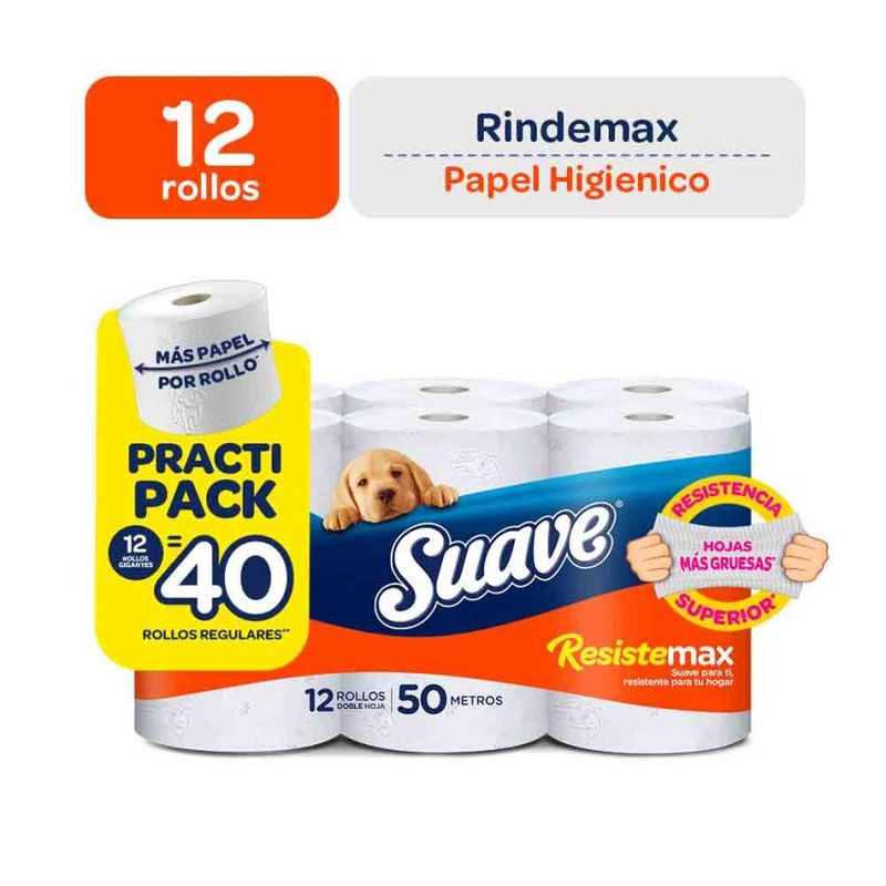 SUAVE - Papel Higiénico Suave Resiste Max Doble Hoja 50m Empaque 12 Rollos