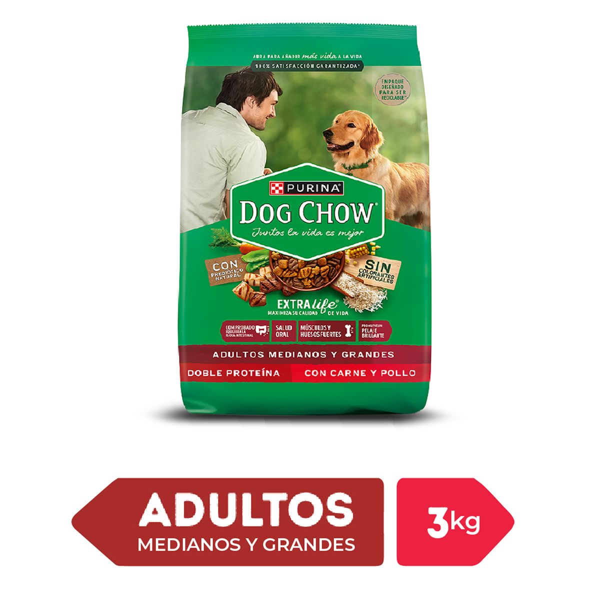 DOG CHOW - Alimento Seco Perros Adultos Grandes Dog Chow Carne Pollo Bolsa 3 Kg