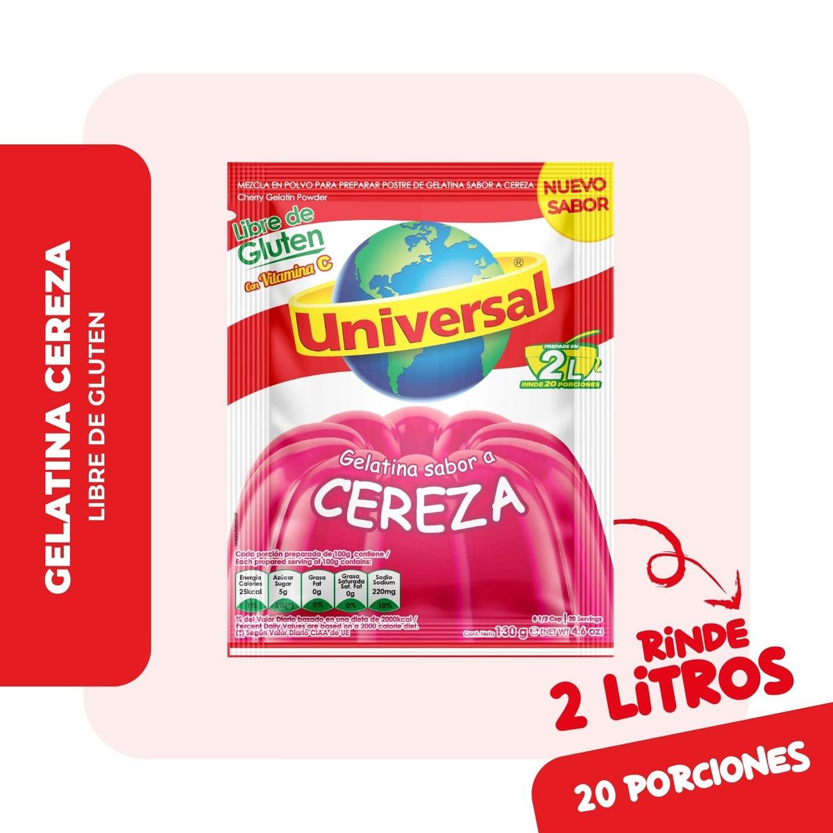 UNIVERSAL - Gelatina Universal Sabor Cereza Empaque 130 g