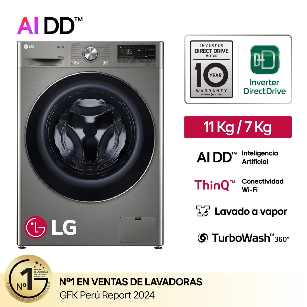 LG - Lavaseca 11 Kg 7 Kg Ai Dd Plateada