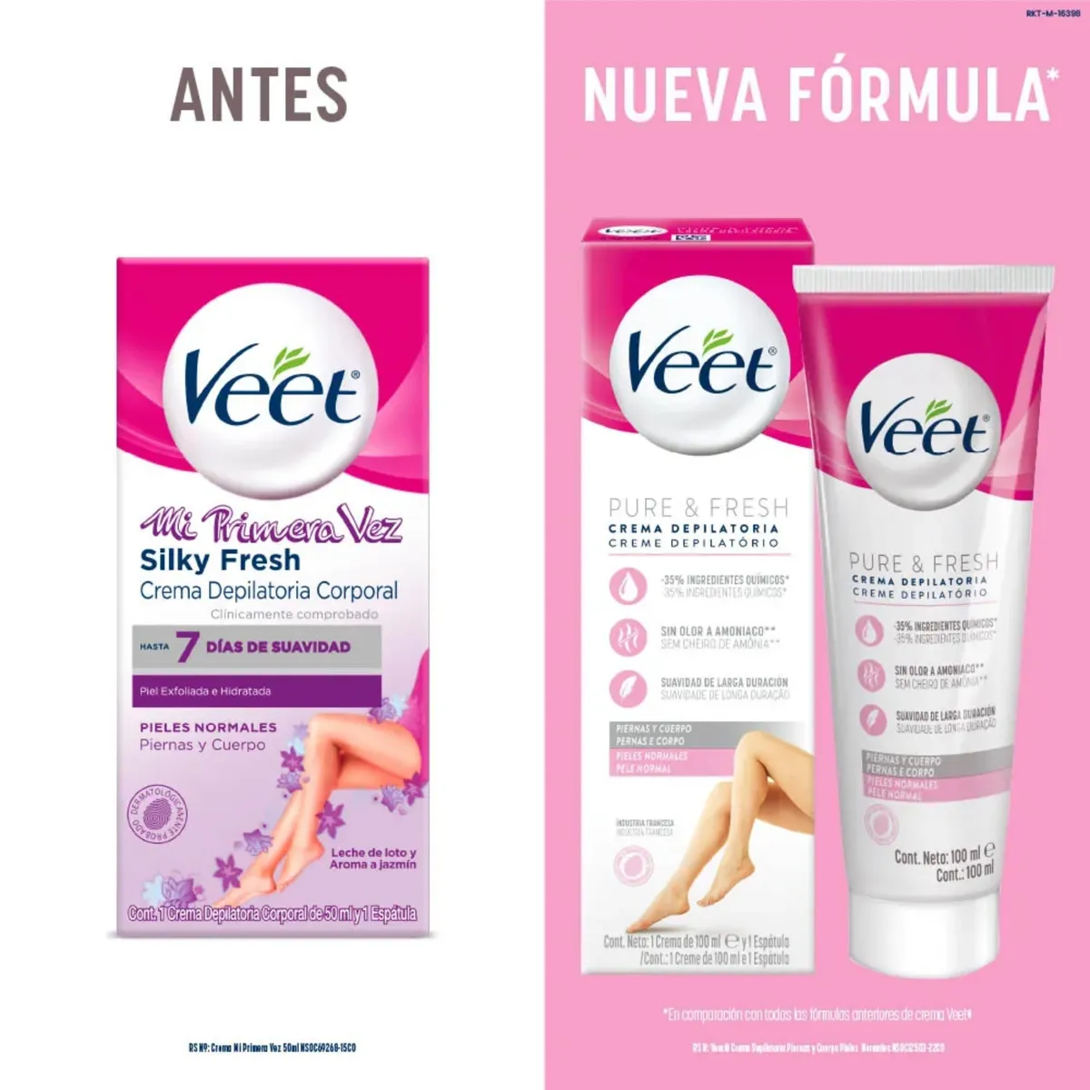 VEET - Crema Depilatoria Veet Pure Fresh Piel Normal Piernas y Cuerpo Envase 100 mL
