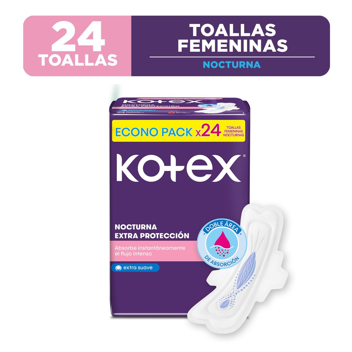 KOTEX - Toalla Higiénica Kotex Nocturna con Alas Extra Suave Bolsa 24 Und