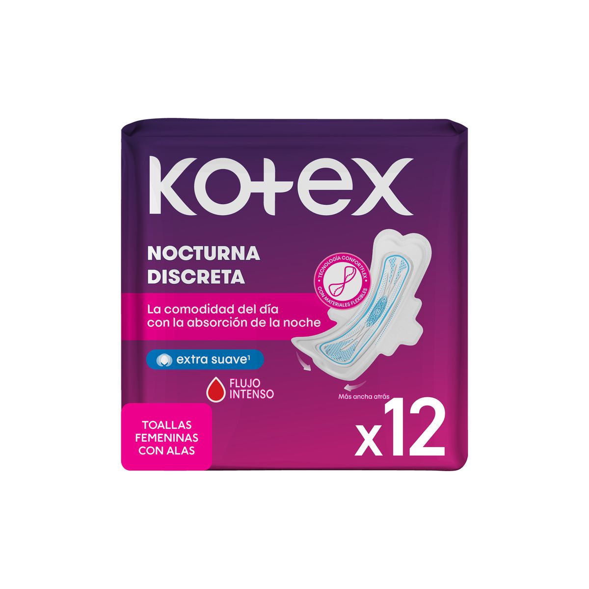 KOTEX - Toallas Higiénicas Kotex Nocturna Ultrafina Empaque 12 Und