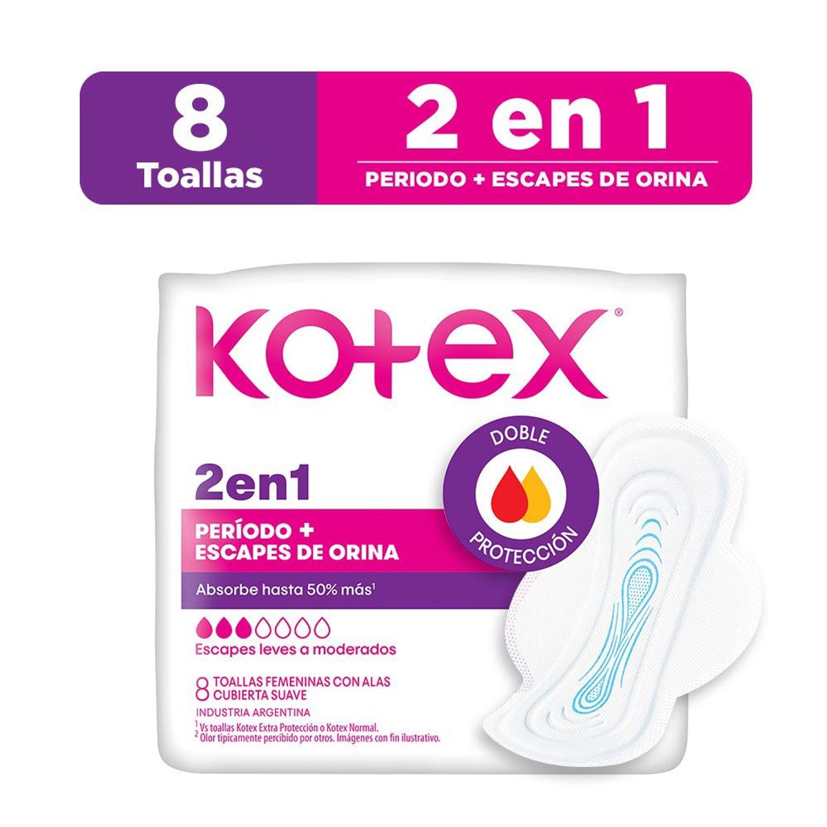 KOTEX - Toalla Higiénica Kotex 2 en 1 Leve y Moderado para Período y Orina Empaque 8 Und