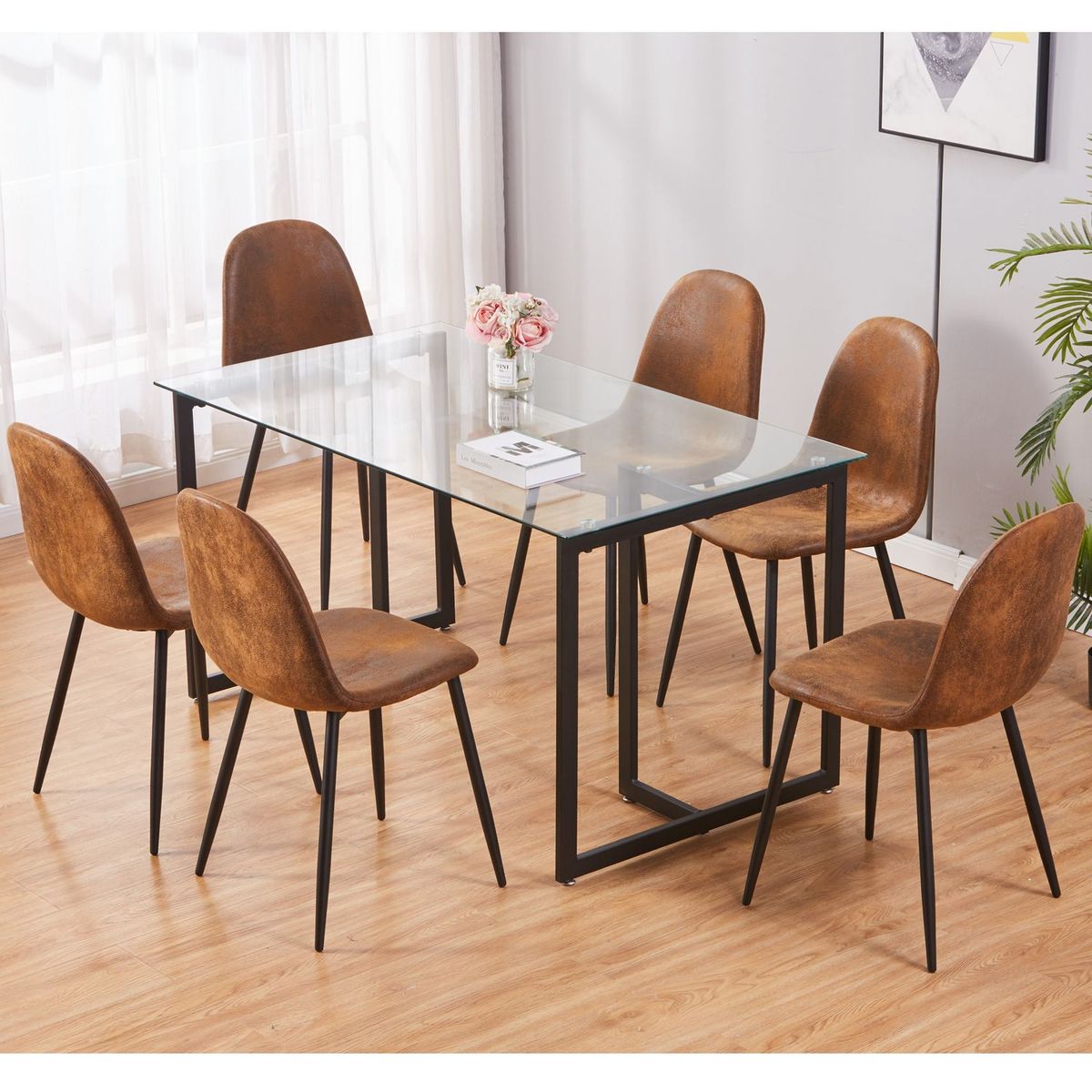 CASA JOVEN - Juego de Comedor Vidrio + 6 Sillas Suede