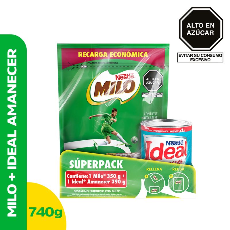 MILO - Pack Alimento Milo 350 g + Mezcla Láctea Ideal Amanecer 390 g