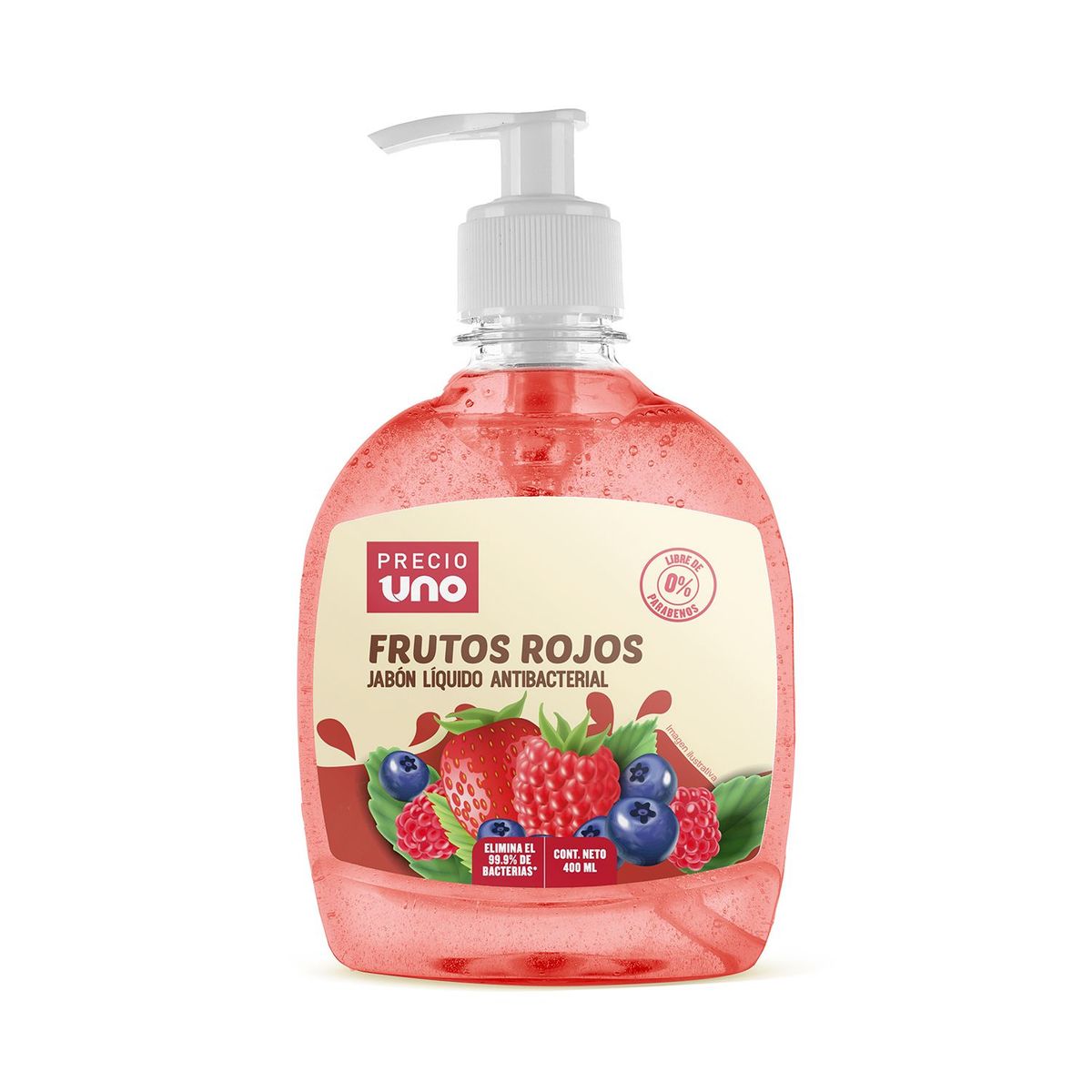 PRECIO UNO - Jabón Líquido Antibacterial Precio Uno Frutos Rojos Envase 400 mL