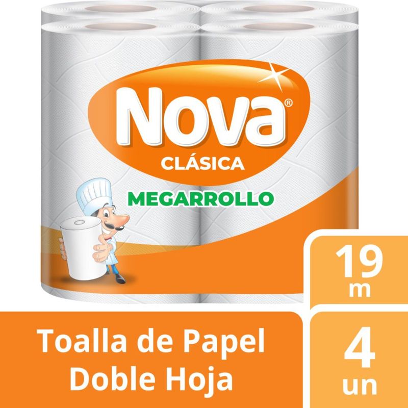 NOVA - Papel Toalla Nova Mega Rollo Doble Hoja Clásica 19m Empaque 4 Rollos
