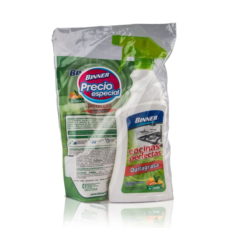 BINNER - Pack Binner Quitagrasa De Cocina Limón 500 mL + Repuesto Doypack 500 mL