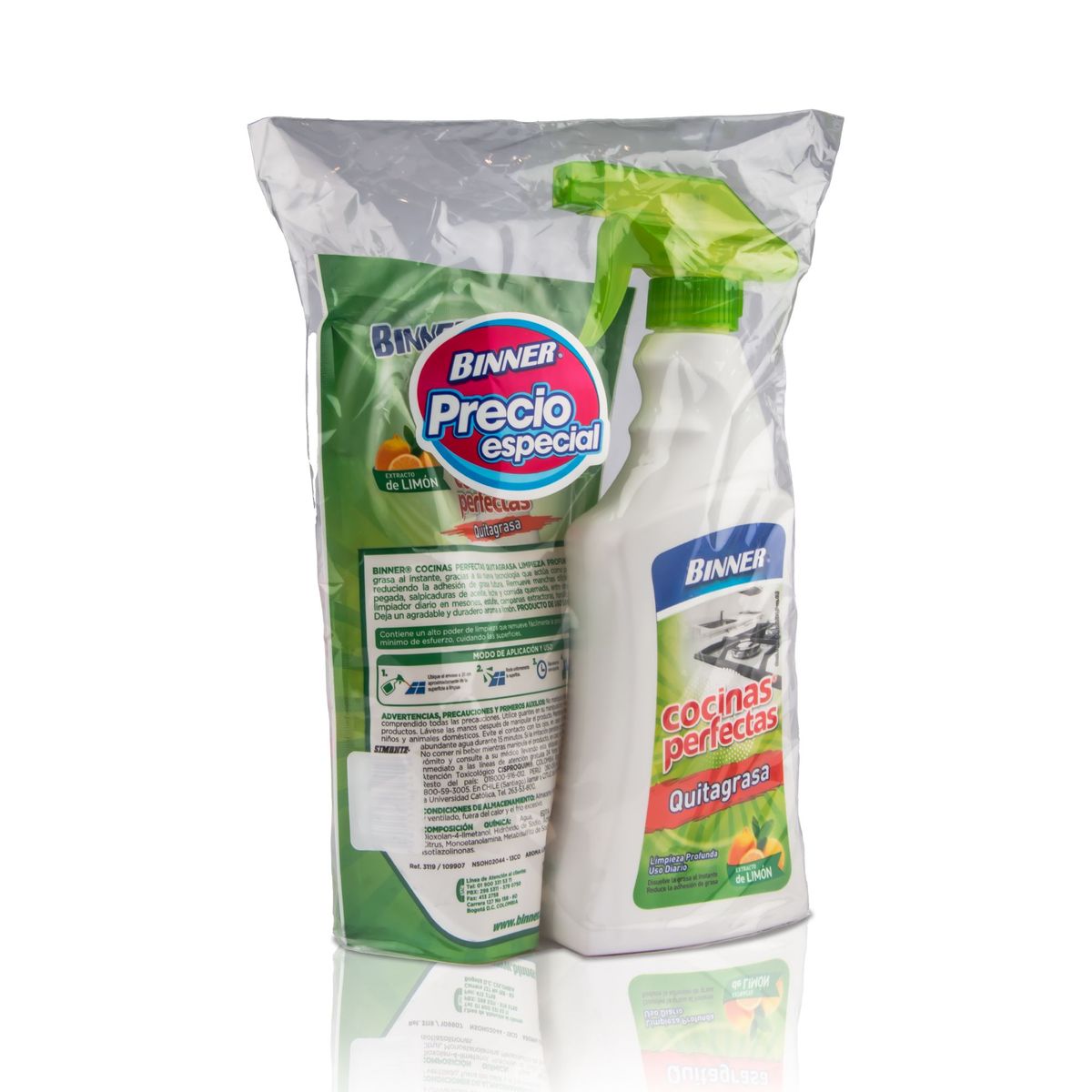 BINNER - Pack Binner Quitagrasa de Cocina Limón 500 mL + Repuesto Doypack 500 mL