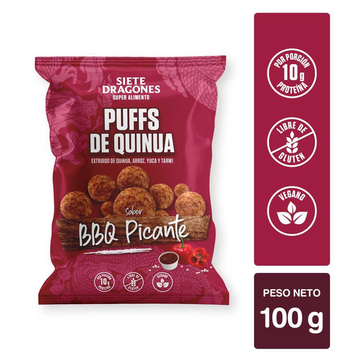 SIETE DRAGONES - Siete Dragones Puff de Quinua Sabor BBQ Picante Bolsa 100 g