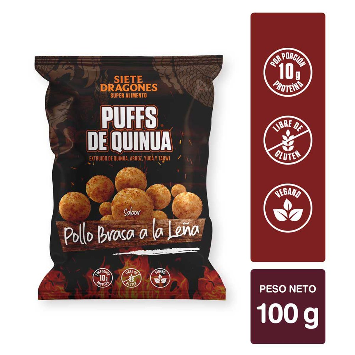 SIETE DRAGONES - Siete Dragones Puff de Quinua Sabor Pollo Brasa a la Leña Bolsa 100 g