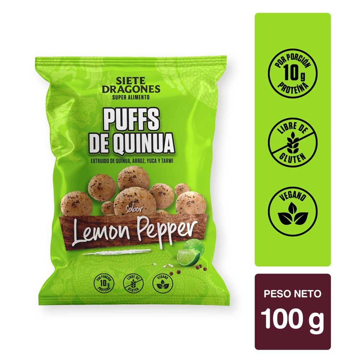 SIETE DRAGONES - Siete Dragones Puff de Quinua Sabor Lemon Pepper Bolsa 100 g