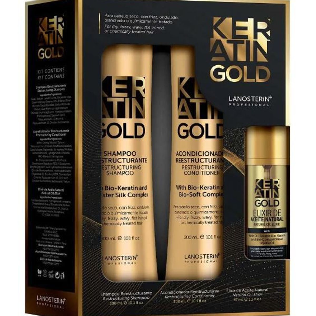 KERATIN GOLD - Pack Keratin Gold Shampoo 300 mL + Acondicionador 300 mL + Elixir 47 mL