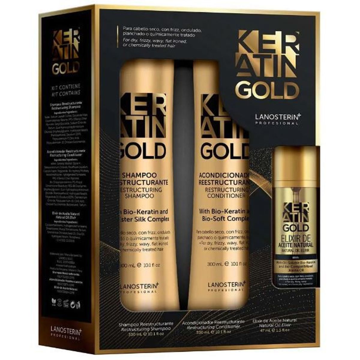 KERATIN GOLD - Pack Keratin Gold Shampoo 300 mL + Acondicionador 300 mL + Elixir 47 mL