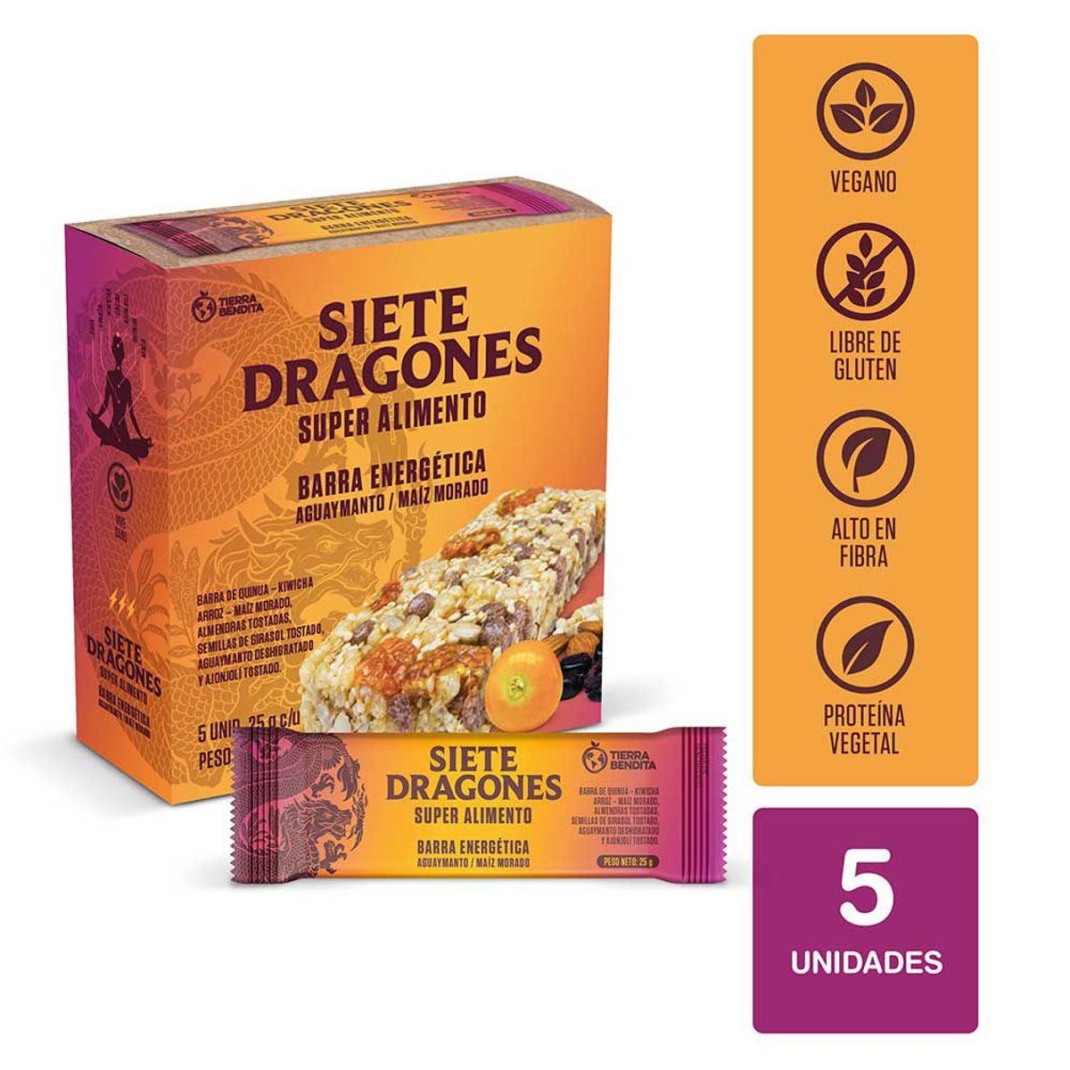 SIETE DRAGONES - Barra Siete Dragones Aguaymanto & Maíz Morado Caja 5 Und