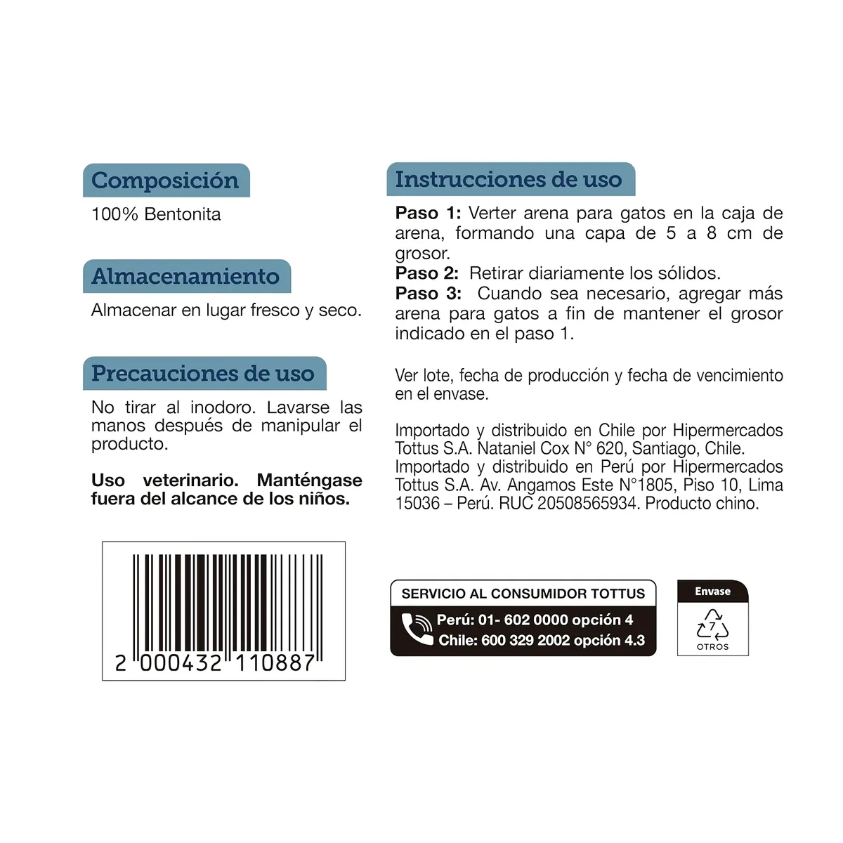 TOTTUS - Arena para Gato Sin Perfume Tottus Bolsa 20 Kg