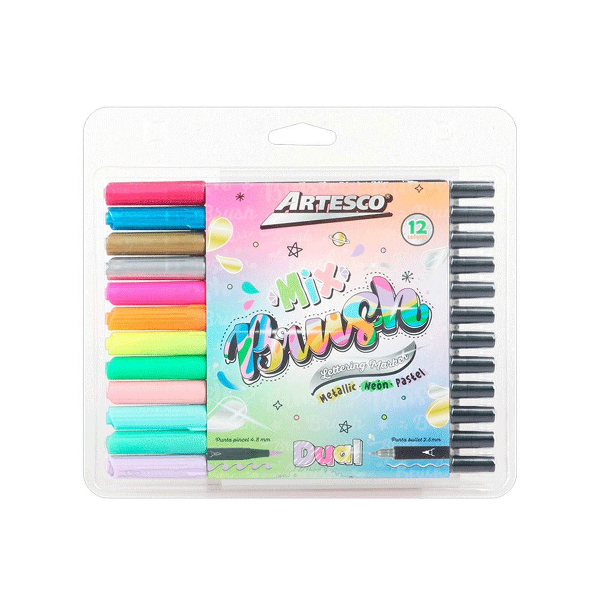 ARTESCO - Plumones Artesco Dual Brush Colores Metálico Neón Pastel Empaque 12 Und