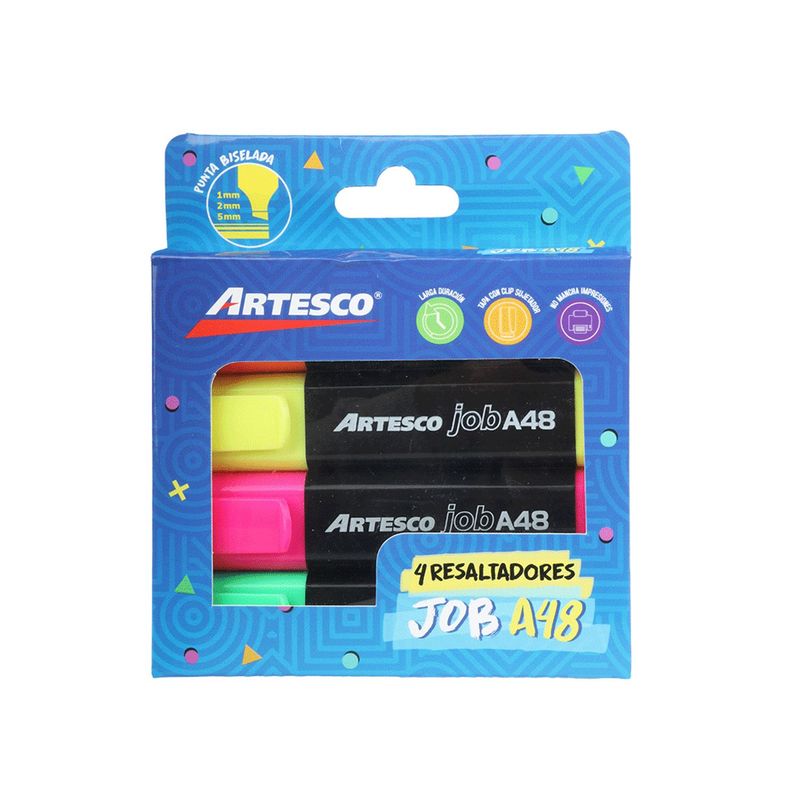 ARTESCO - Resaltador Artesco Job Neón Punta Viselada Empaque 4 Und