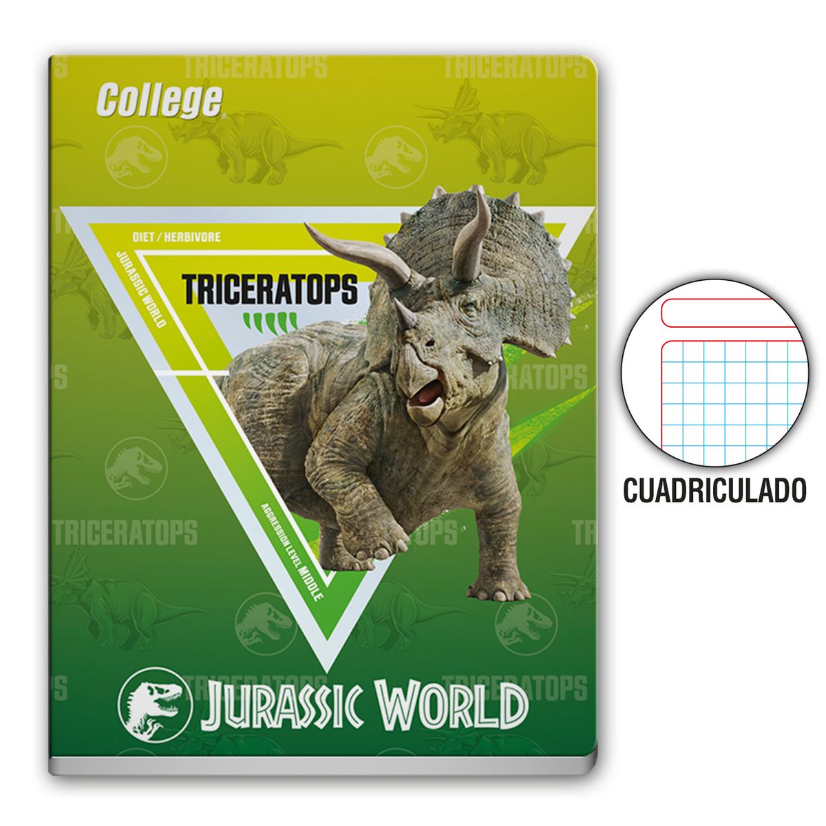 COLLEGE - Cuaderno Cuadriculado College Jurassic World Deluxe 80 Hojas